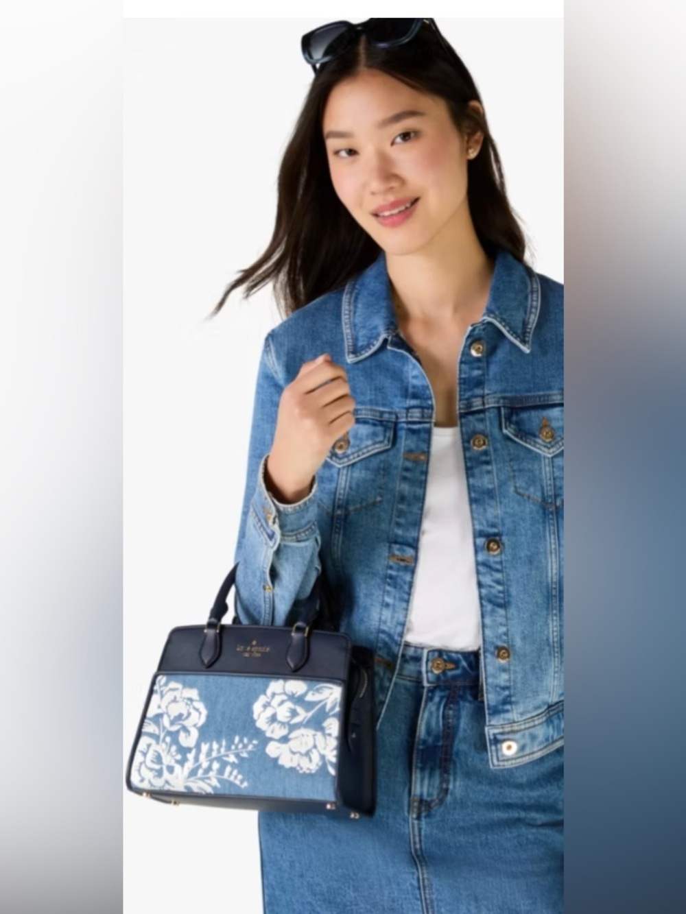Kate Spade Madison Navy Blue Denim Floral Vase Embroidered Tote Crossbody Bag - Picture 13 of 13